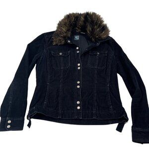 Women's Black Corduroy Jacket y2k Faux Fur Detachable Collar French Cuff Size PL